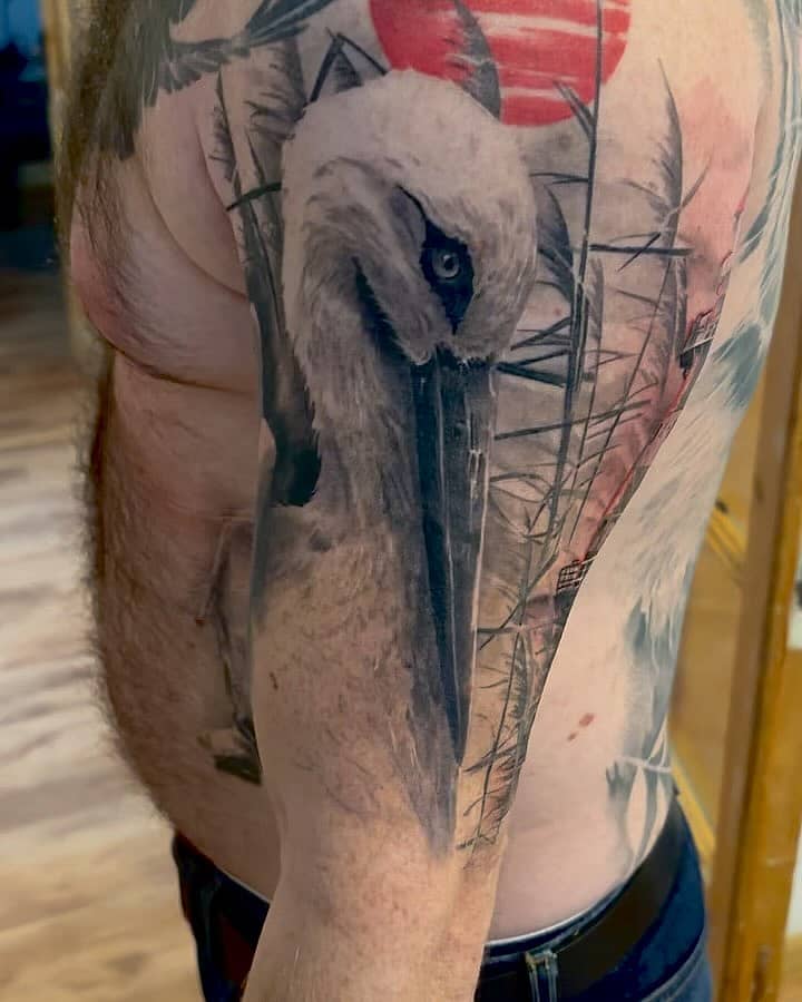 Silent Crane with Red Sun