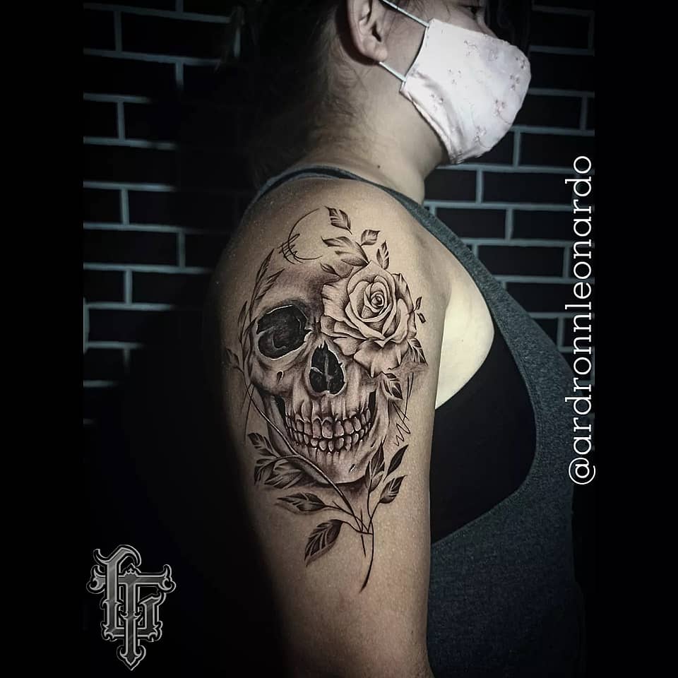 Skull & Rose Shoulder Tattoo