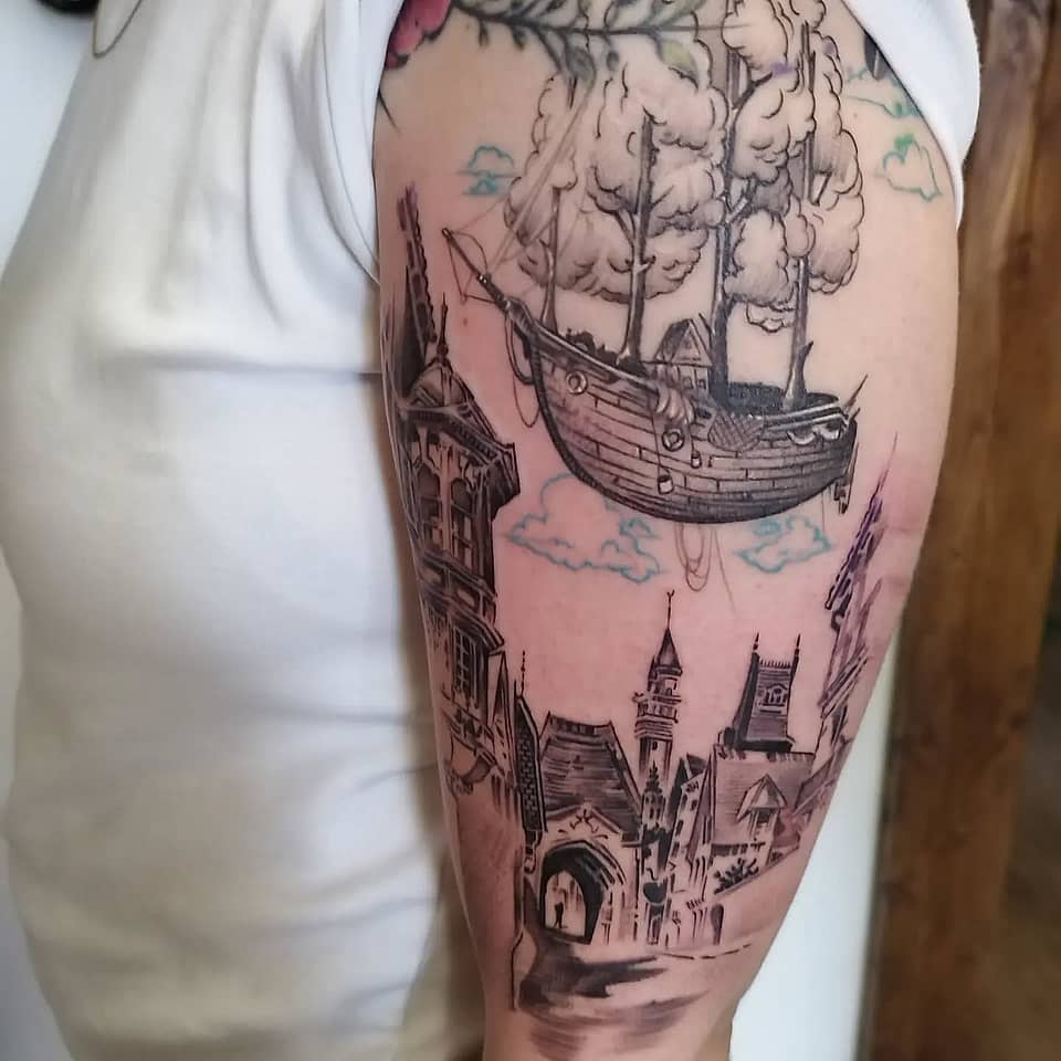 Skyship Over Gothic Town