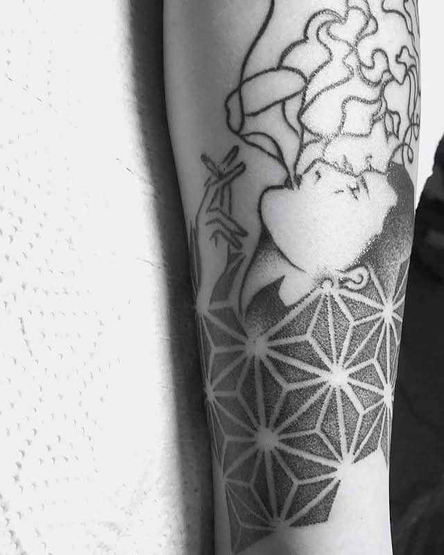 Smoking Woman with Geometric Dotwork
