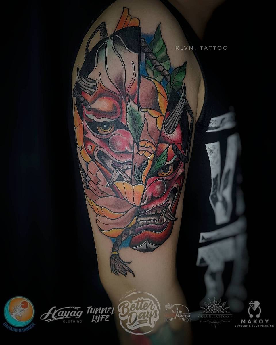 Split Hannya Mask with Peony