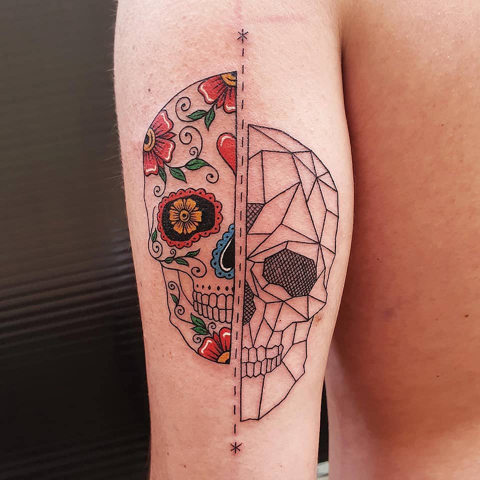 Split Sugar Skull & Geometric Skull