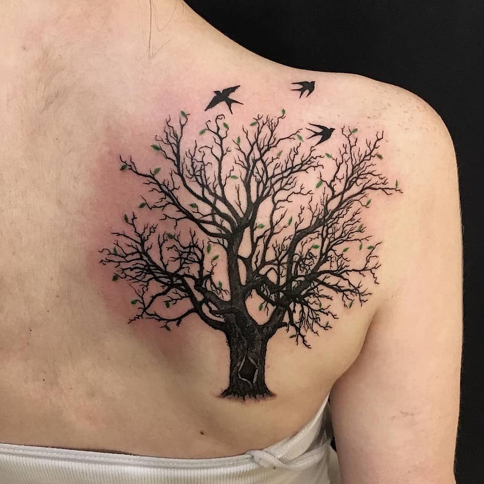 Sprouting Tree with Swallows