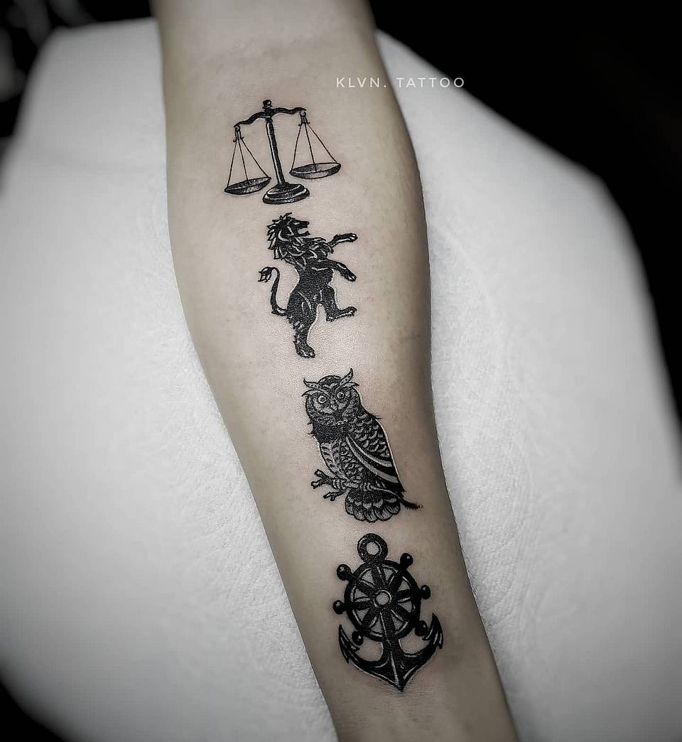 Stacked Talismans: Scales, Lion, Owl & Anchor