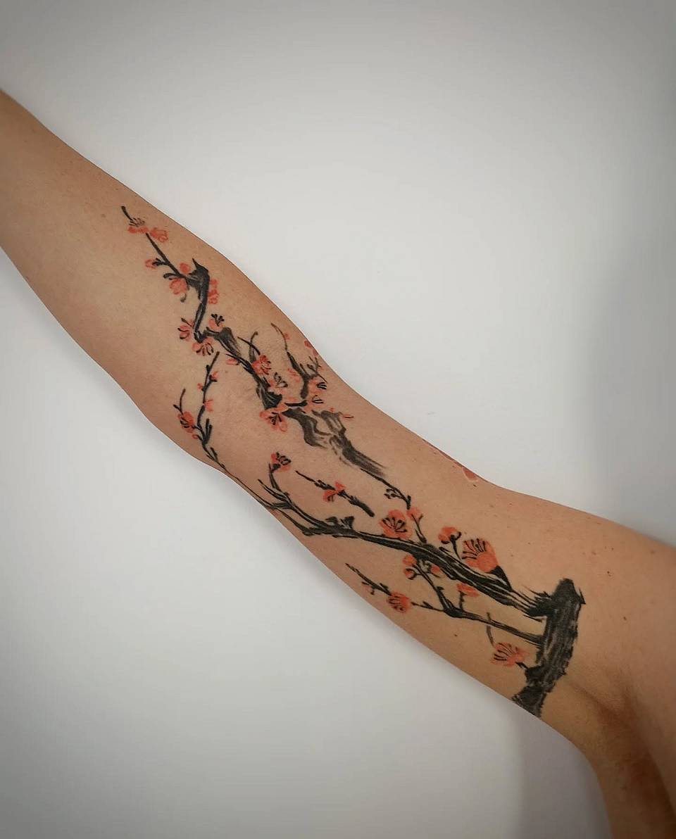 Sumi-e Cherry Blossom Branch