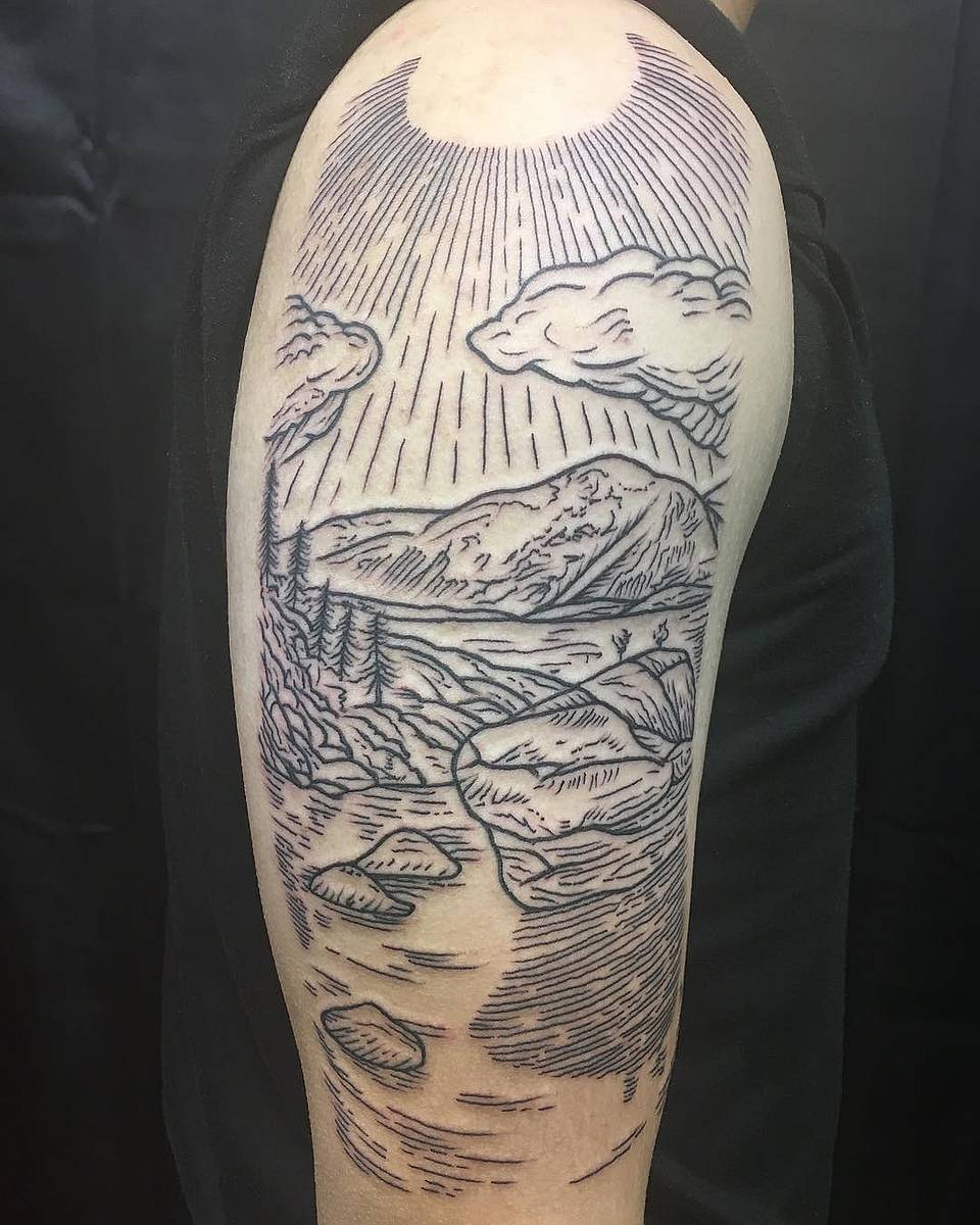 Sunlit Mountain River Linework