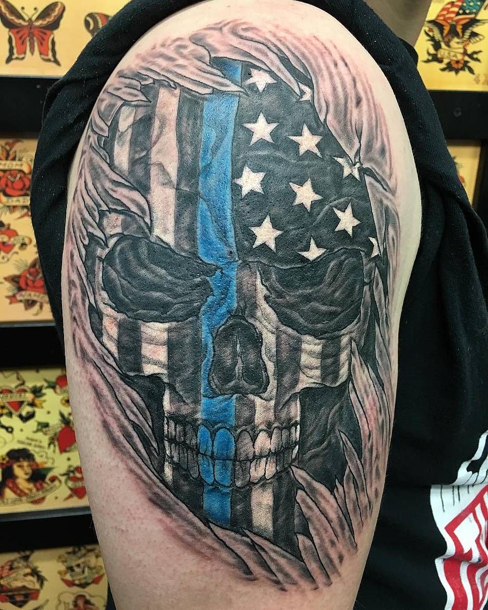 Thin Blue Line Skull Flag