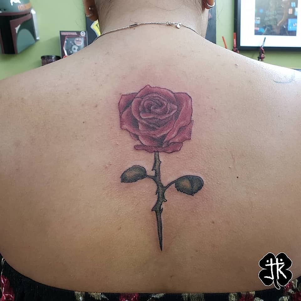 Thorned Crimson Rose on Upper Back
