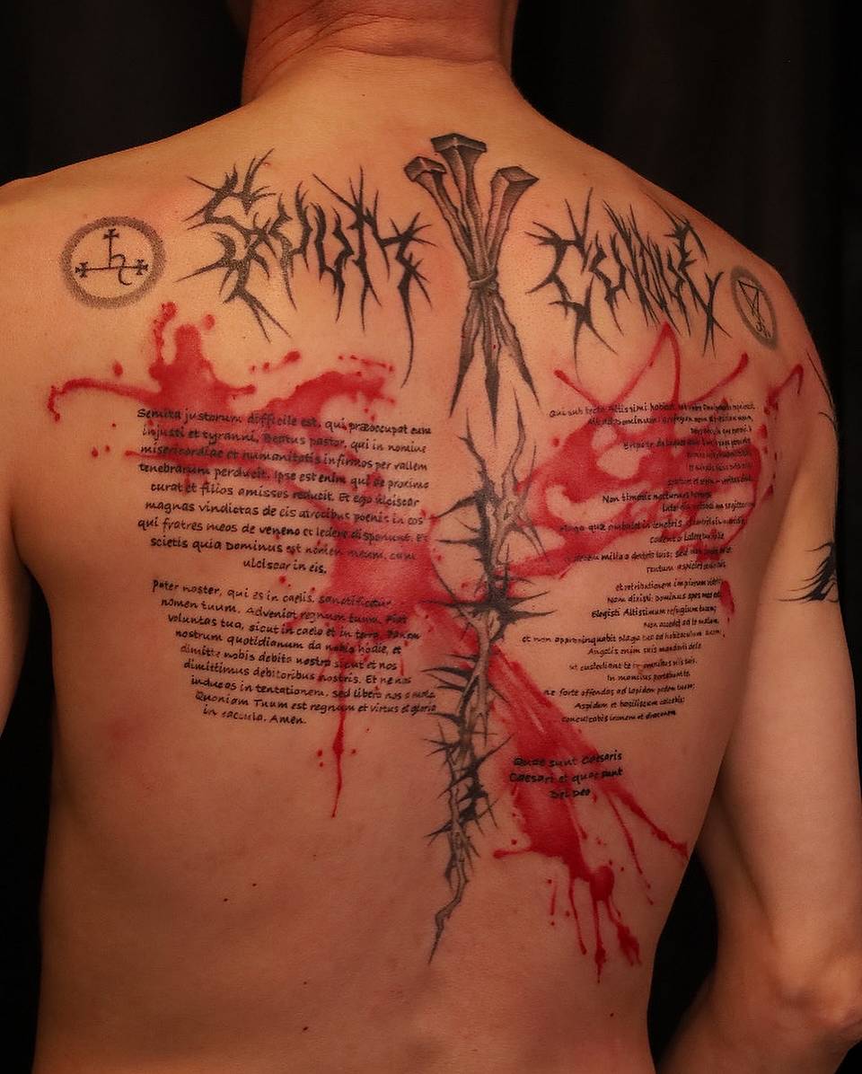 Thorned Cross and Blood with Latin Script