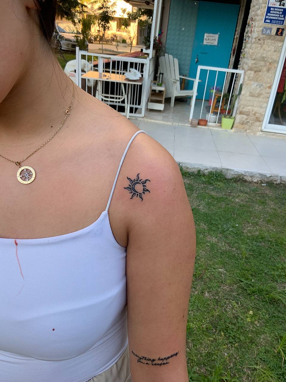 Tiny Sun and Moon Shoulder Tattoo