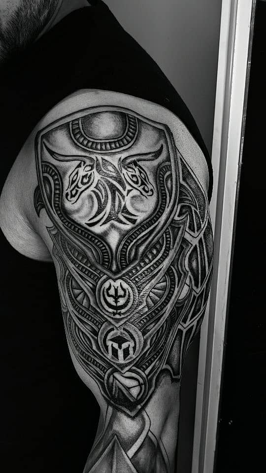 Twin Bulls on Nordic Shield Half Sleeve