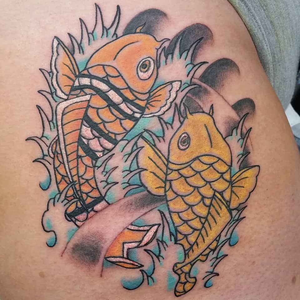 Twin Golden Koi in Waves