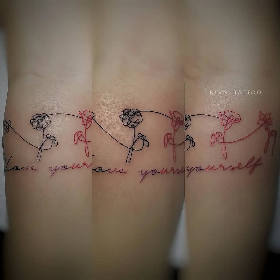 Two-Tone Continuous Line Flowers with 'Love Yourself' Script