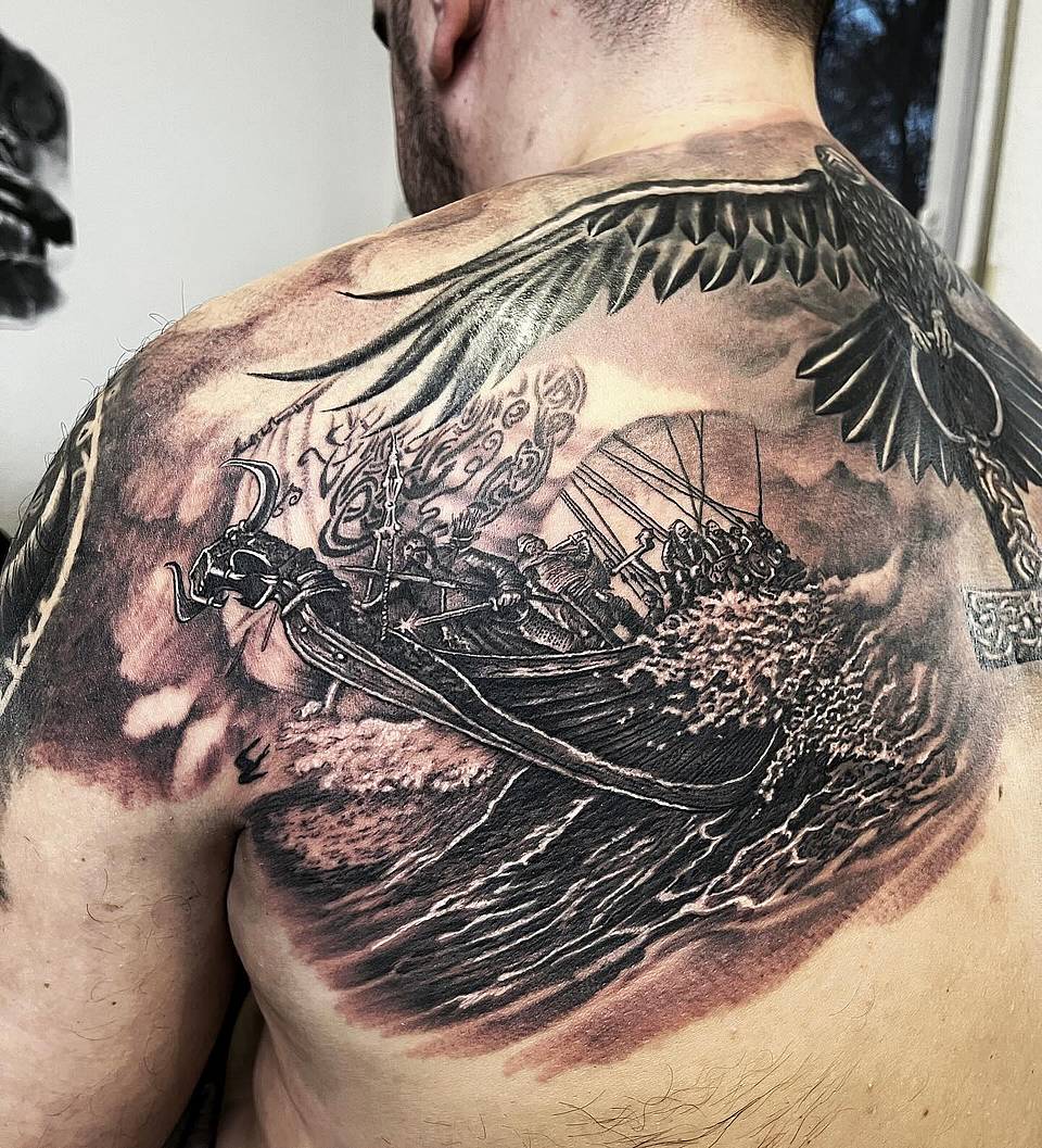 Viking Longship and Raven Backpiece