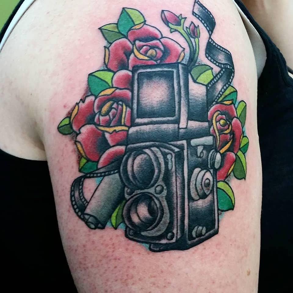 Vintage Twin-Lens Camera and Roses