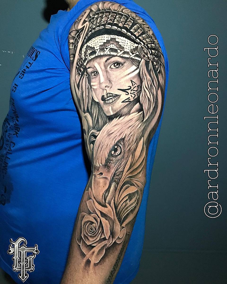 Warrior Maiden & Eagle Half Sleeve