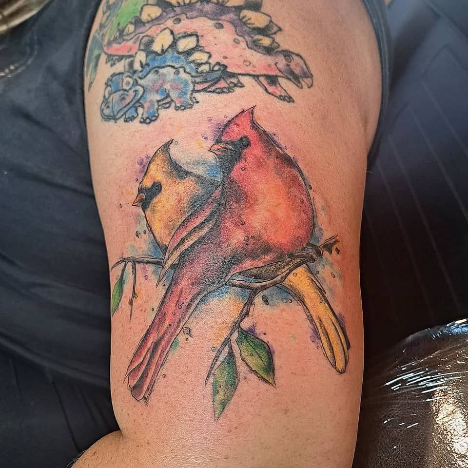 Watercolor Cardinal Pair on Branch