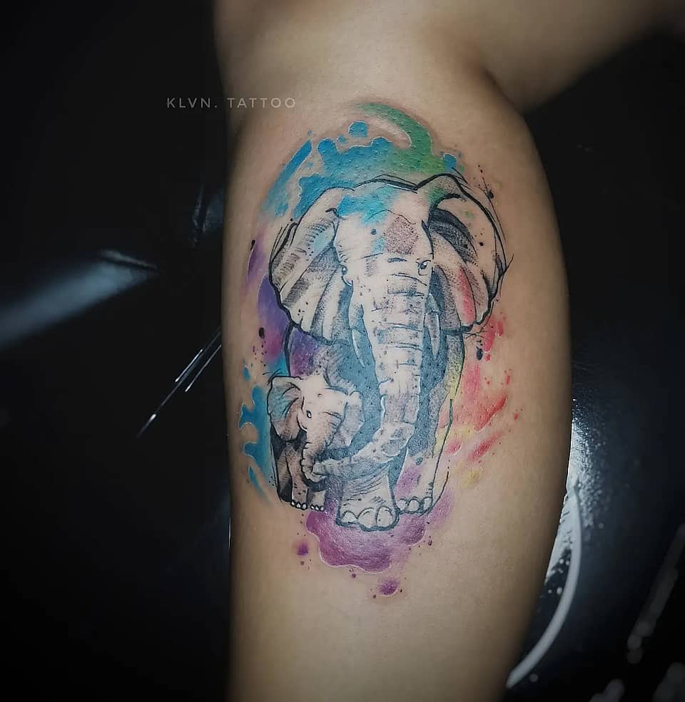 Watercolor Elephant Mother and Calf