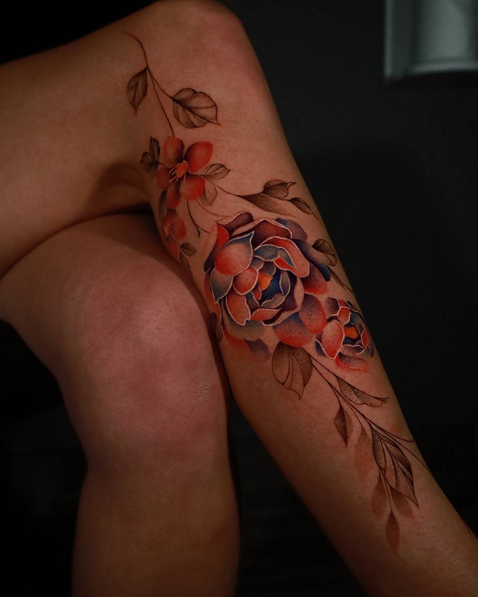 Watercolor Floral Calf Tattoo