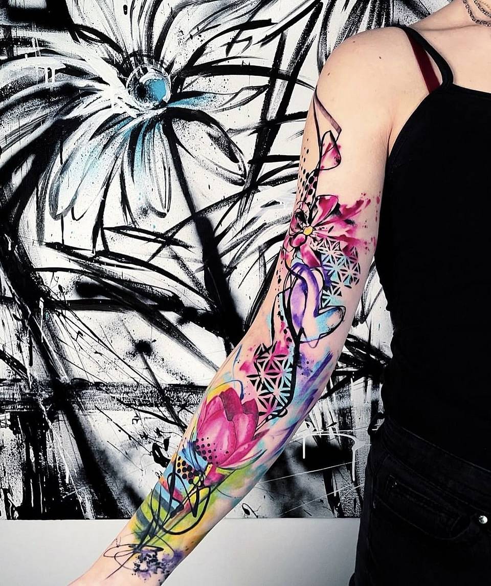 Watercolor Lotus & Flower of Life Forearm Sleeve