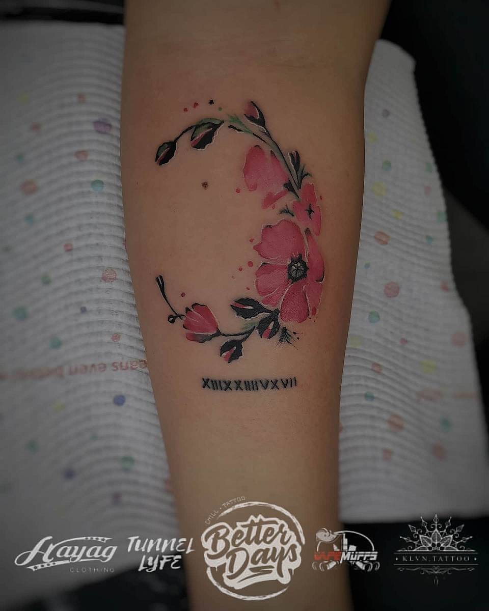 Watercolor Pink Floral Crescent with Roman Numerals