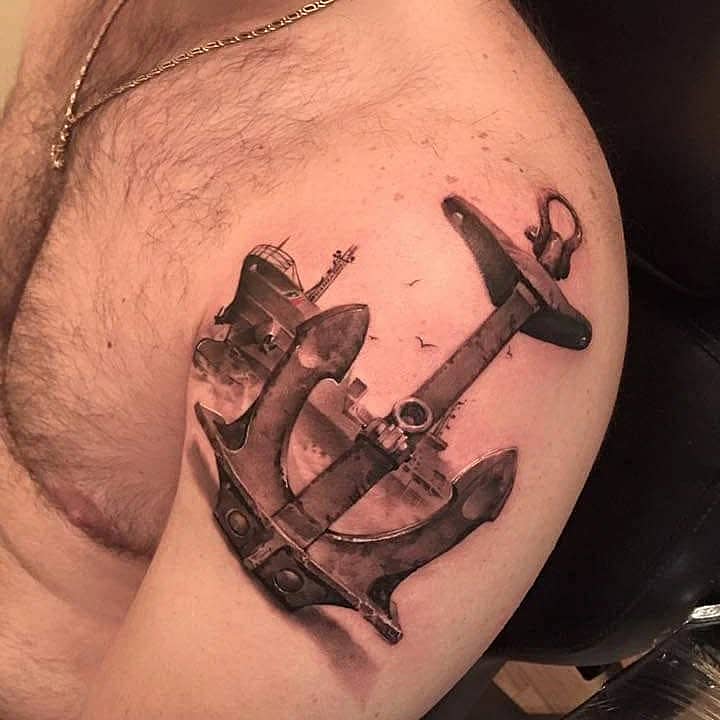 Weathered Anchor with City Silhouette