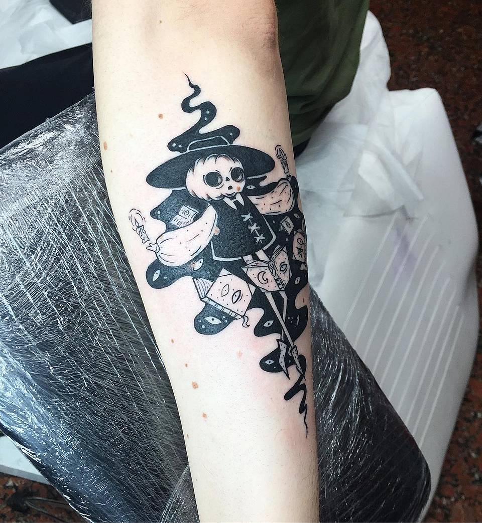 Whimsical Blackwork Witch with Tarot & Candles