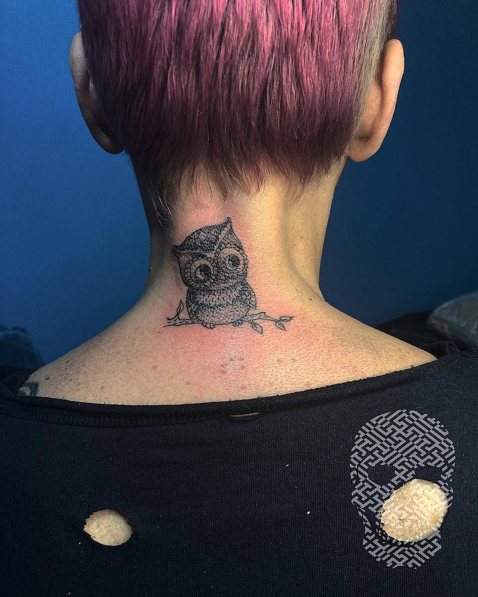 Whimsical Dotwork Owl on Branch