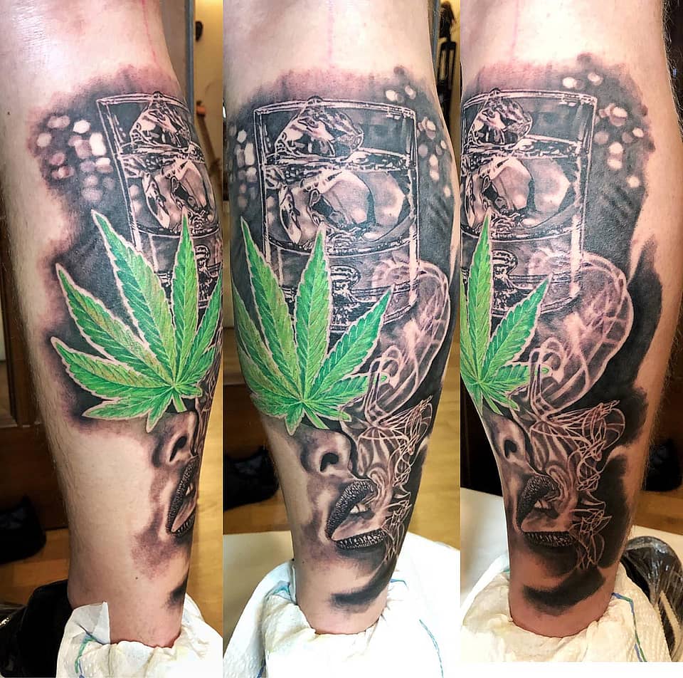 Whiskey Glass, Cannabis Leaf & Smoky Portrait