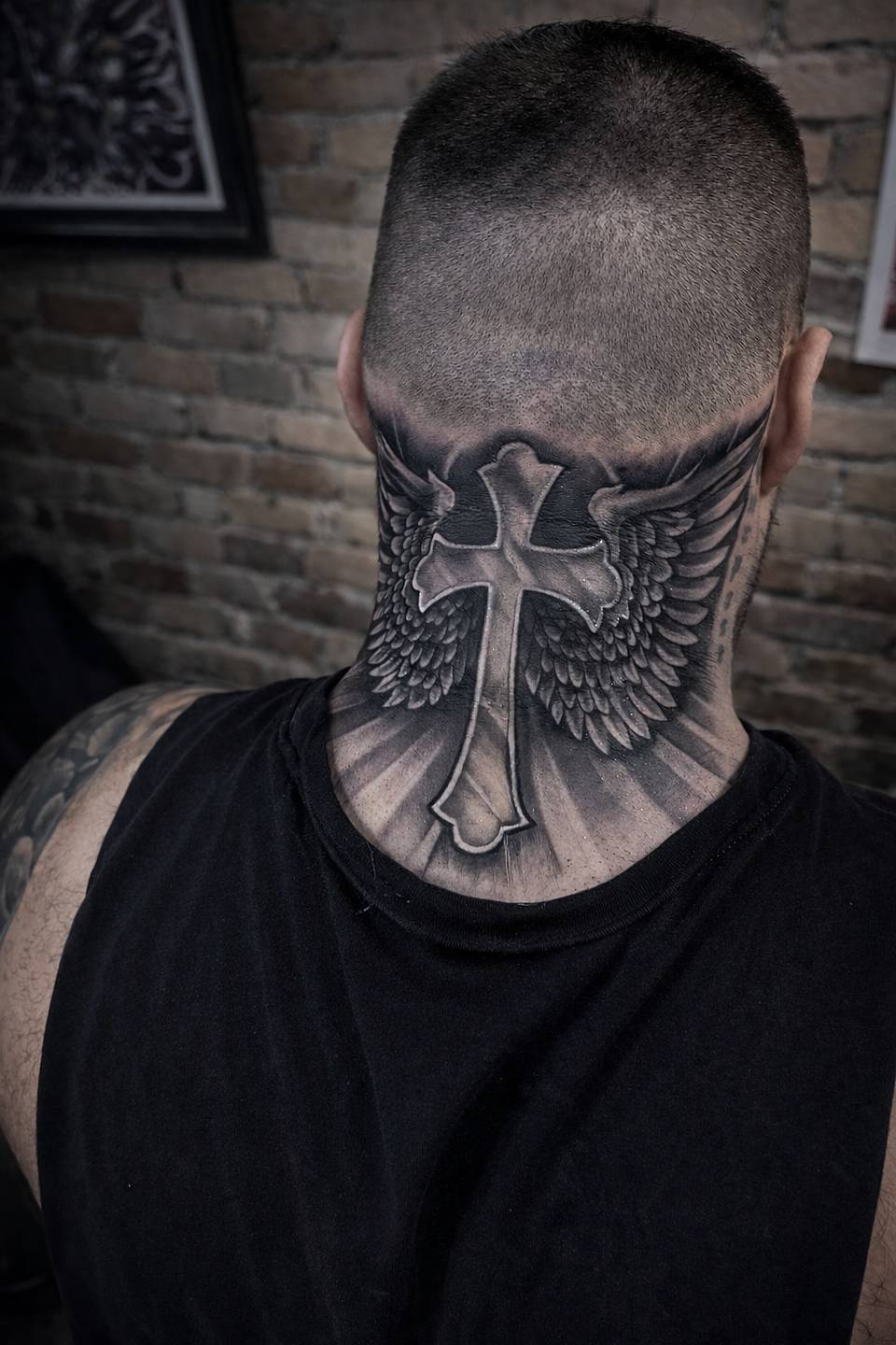 Winged Cross Nape Tattoo