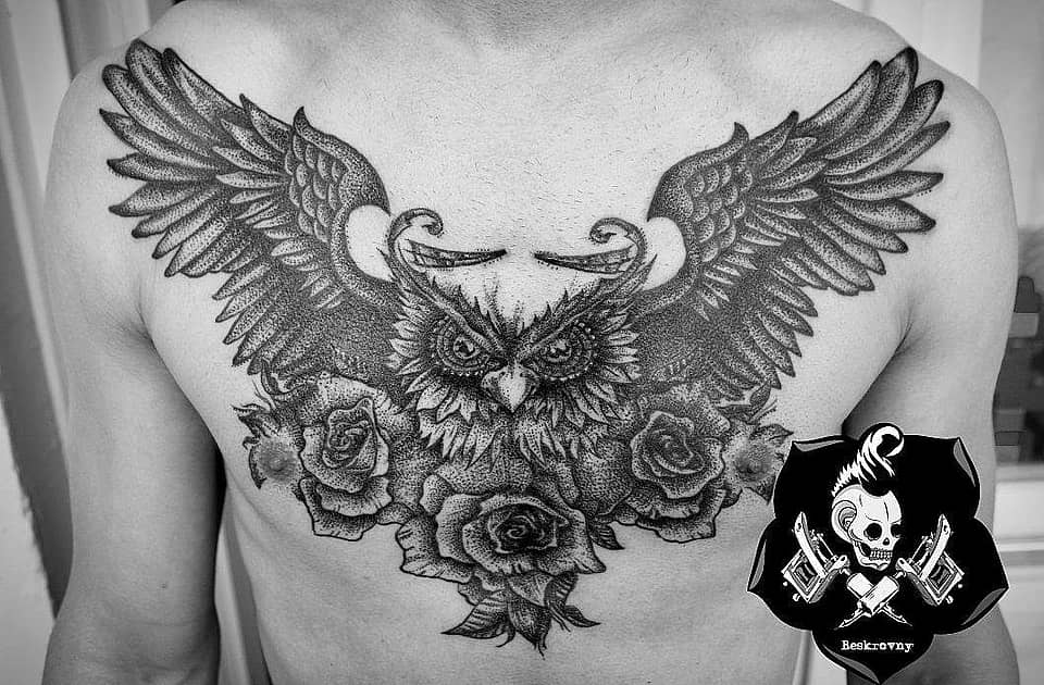 Winged Owl and Roses Chest Piece