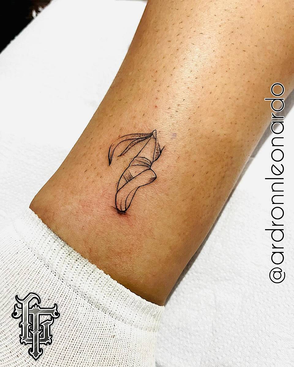 Wrapped Ribbon Leaf — Minimal Line Micro Tattoo