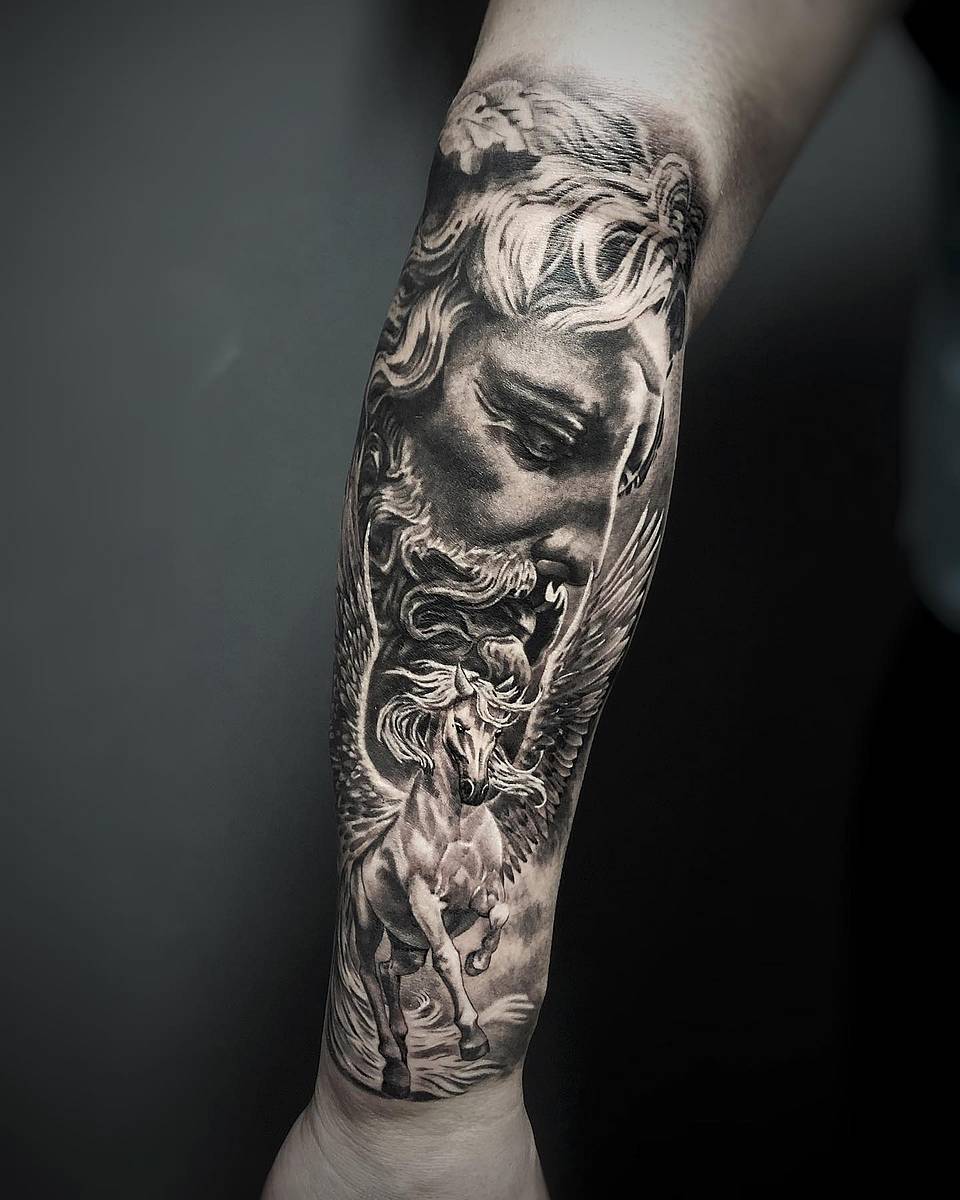 Zeus and Pegasus in Black-and-Grey Realism